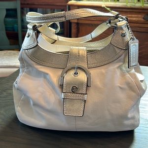 Coach All Leather Cream & Metallic Gold Hand Bag with Classic Coach Buckle